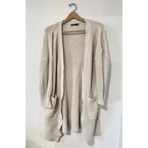 Boohoo Womens Cardigan Sweater Long Sleeve Beige Ribbed Knit Size 14 1X Plus